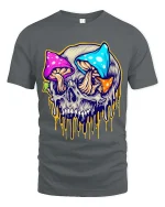 Psychedelic Mushroom Skull Graphic T Shirt Colorful Trippy Skull Tee - gray t-shirt on white background