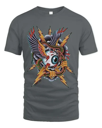 Flying Eyeball Snake Lightning Graphic T Shirt Tattoo Style Tee - gray t-shirt on white background
