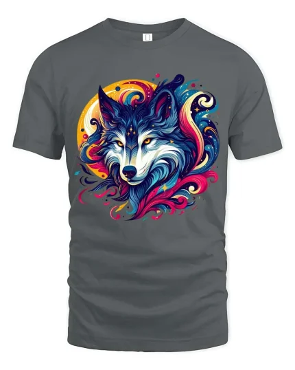 Colorful Wolf Galaxy Graphic T Shirt Vibrant Cosmic Wolf Tee - gray t-shirt on white background