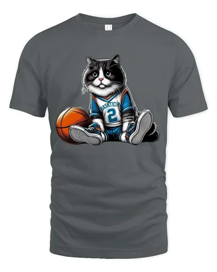 Cute Basketball Cat Graphic T Shirt Funny Sport Cat Tee - gray t-shirt on white background