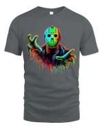 Neon Horror Mask Graphic T Shirt Creepy Slasher Style Tee - gray t-shirt on white background