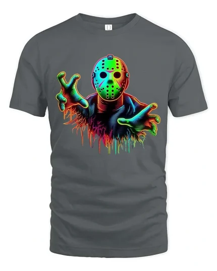 Neon Horror Mask Graphic T Shirt Creepy Slasher Style Tee - gray t-shirt on white background