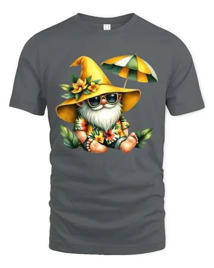 Funny Summer Gnome Beach Graphic T Shirt Cute Vacation Gnome Tee - gray t-shirt on white background
