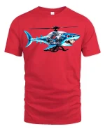 Shark Helicopter Graphic T Shirt Funny Flying Shark Tee - red t-shirt on white background
