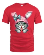 Cute Bunny Cat Graphic T Shirt Funny Kitty With Bunny Ears Tee - red t-shirt on white background