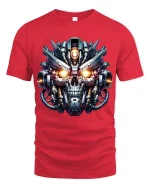 Cyberpunk Robot Skull Graphic T Shirt Futuristic Mech Skull Tee - red t-shirt on white background