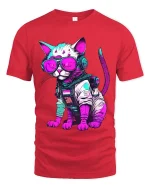 Cyberpunk Cat Astronaut Graphic T Shirt Neon Space Kitty Tee - red t-shirt on white background