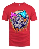 Psychedelic Mushroom Skull Graphic T Shirt Colorful Trippy Skull Tee - red t-shirt on white background