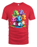 Cute Baby Dinosaur Group Graphic T Shirt Colorful Dino Friends Tee - red t-shirt on white background