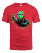 Neon Horror Mask Graphic T Shirt Creepy Slasher Style Tee - red t-shirt on white background