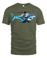 Shark Helicopter Graphic T Shirt Funny Flying Shark Tee - military green t-shirt on white background