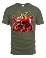 Funny Tomato Monster Octopus Graphic T Shirt Creepy Food Tee - military green t-shirt on white background