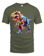 Colorful T Rex Dinosaur Graphic T Shirt Vibrant Dino Art Tee - military green t-shirt on white background