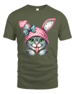 Cute Bunny Cat Graphic T Shirt Funny Kitty With Bunny Ears Tee - military green t-shirt on white background
