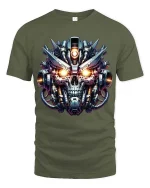 Cyberpunk Robot Skull Graphic T Shirt Futuristic Mech Skull Tee - military green t-shirt on white background