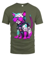 Cyberpunk Cat Astronaut Graphic T Shirt Neon Space Kitty Tee - military green t-shirt on white background