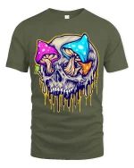 Psychedelic Mushroom Skull Graphic T Shirt Colorful Trippy Skull Tee - military green t-shirt on white background