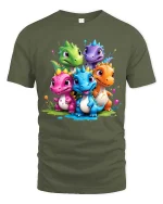 Cute Baby Dinosaur Group Graphic T Shirt Colorful Dino Friends Tee - military green t-shirt on white background