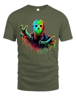 Neon Horror Mask Graphic T Shirt Creepy Slasher Style Tee - military green t-shirt on white background