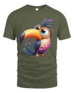 Cute Colorful Toucan Cartoon Graphic T Shirt Funny Bird Tee - military green t-shirt on white background