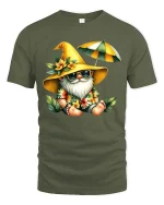 Funny Summer Gnome Beach Graphic T Shirt Cute Vacation Gnome Tee - military green t-shirt on white background