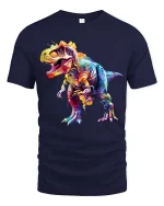 Colorful T Rex Dinosaur Graphic T Shirt Vibrant Dino Art Tee - navy t-shirt on white background
