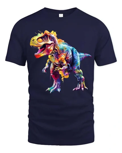 Colorful T Rex Dinosaur Graphic T Shirt Vibrant Dino Art Tee - navy t-shirt on white background
