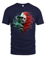 Split Horror Mask Character Graphic T Shirt Dual Face Scary Tee - navy t-shirt on white background