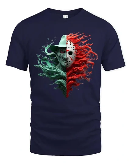 Split Horror Mask Character Graphic T Shirt Dual Face Scary Tee - navy t-shirt on white background