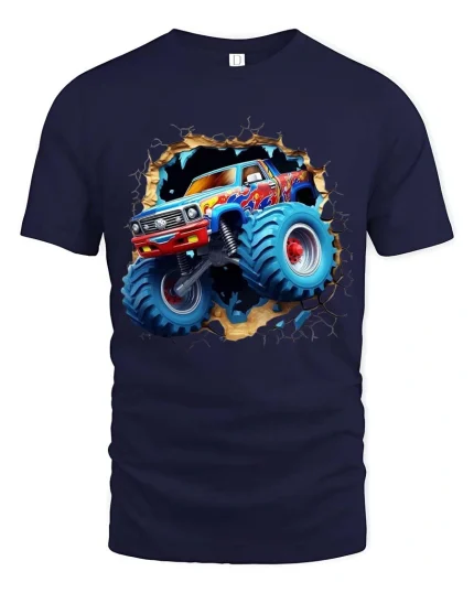 Monster Truck Breakthrough Graphic T Shirt Off Road Truck Tee - navy t-shirt on white background