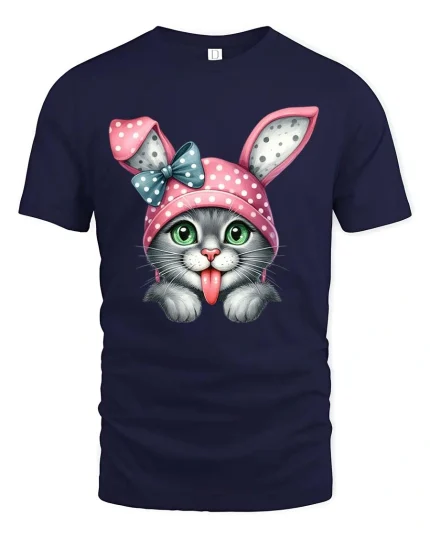 Cute Bunny Cat Graphic T Shirt Funny Kitty With Bunny Ears Tee - navy t-shirt on white background