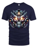 Cyberpunk Robot Skull Graphic T Shirt Futuristic Mech Skull Tee - navy t-shirt on white background