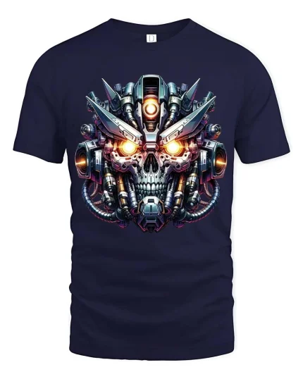 Cyberpunk Robot Skull Graphic T Shirt Futuristic Mech Skull Tee - navy t-shirt on white background