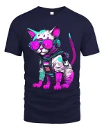 Cyberpunk Cat Astronaut Graphic T Shirt Neon Space Kitty Tee - navy t-shirt on white background
