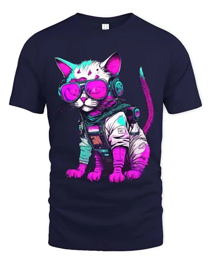 Cyberpunk Cat Astronaut Graphic T Shirt Neon Space Kitty Tee - navy t-shirt on white background