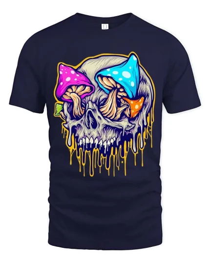 Psychedelic Mushroom Skull Graphic T Shirt Colorful Trippy Skull Tee - navy t-shirt on white background