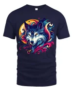 Colorful Wolf Galaxy Graphic T Shirt Vibrant Cosmic Wolf Tee - navy t-shirt on white background