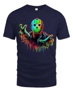 Neon Horror Mask Graphic T Shirt Creepy Slasher Style Tee - navy t-shirt on white background