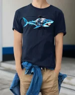 Shark Helicopter Graphic T Shirt Funny Flying Shark Tee - model wearing navy tee with hands in pockets