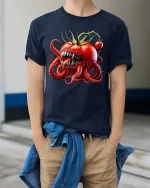 Funny Tomato Monster Octopus Graphic T Shirt Creepy Food Tee - model wearing navy tee with hands in pockets