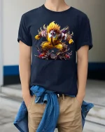 Creepy Fast Food Clown Monster Graphic T Shirt Horror Clown Tee - model wearing navy tee with hands in pockets