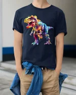 Colorful T Rex Dinosaur Graphic T Shirt Vibrant Dino Art Tee - model wearing navy tee with hands in pockets