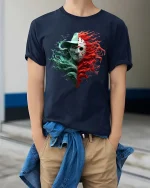 Split Horror Mask Character Graphic T Shirt Dual Face Scary Tee - model wearing navy tee with hands in pockets