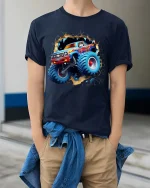 Monster Truck Breakthrough Graphic T Shirt Off Road Truck Tee - model wearing navy tee with hands in pockets