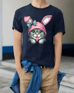 Cute Bunny Cat Graphic T Shirt Funny Kitty With Bunny Ears Tee - model wearing navy tee with hands in pockets