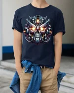 Cyberpunk Robot Skull Graphic T Shirt Futuristic Mech Skull Tee - model wearing navy tee with hands in pockets