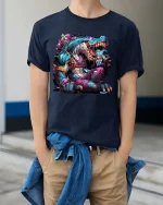 Mutant Crocodile Monster Graphic T Shirt Crazy Reptile Beast Tee - model wearing navy tee with hands in pockets