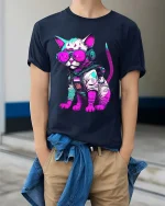 Cyberpunk Cat Astronaut Graphic T Shirt Neon Space Kitty Tee - model wearing navy tee with hands in pockets