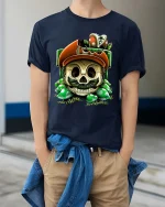 Funny Irish Skull Graphic T Shirt Lucky Clover Skull Tee - model wearing navy tee with hands in pockets