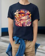 Smoking Pig Gangster Graphic T Shirt Funny Tattoo Pig Tee - model wearing navy tee with hands in pockets